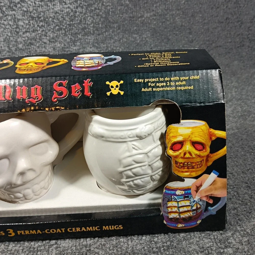 Pirate Mug Set 3 Ceramic Paint Your Own Skulls Ships Nautical DIY Craft Kit